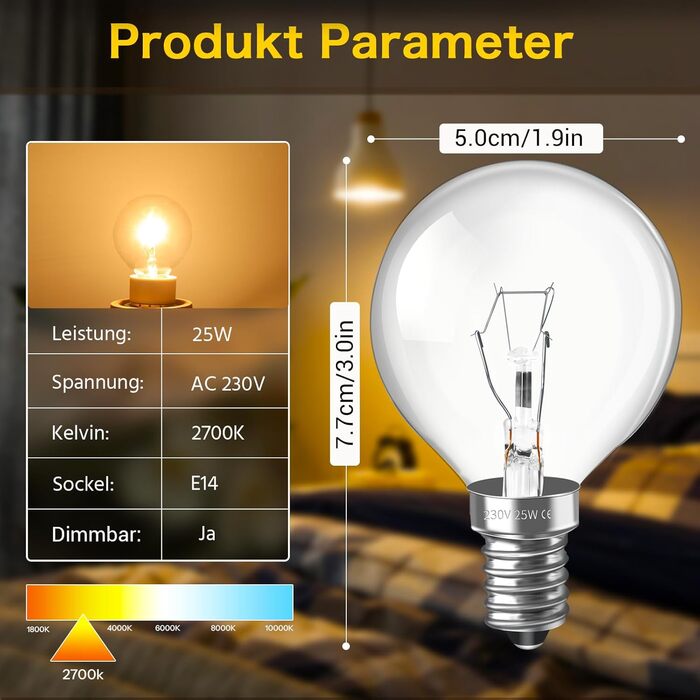 Лампа для духовки Caldarax E14 G50 AC 230 В, термостійкість до 300C, тепла біла лампа для плити 2700 К, 50 мм x 77 мм, прозорі лампи з регулюванням яскравості, лампочка для духовки E14, настільна лампа