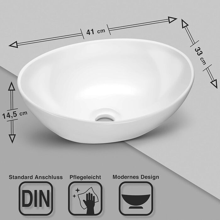 Овальний умивальник преміум-класу з ефектом лотоса Умивальник на стільницю для ванної кімнати та гостьового туалету Лоток для миття без отвору для крана і без переливу Стільниця Pure White 41 x 33 x 14,5 см Керамічна чисто біла