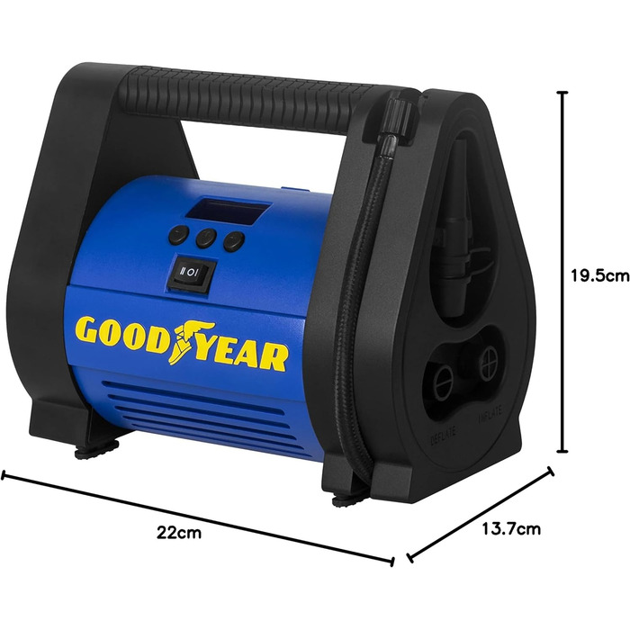 ЦИФРОВИЙ ПОРТАТИВНИЙ КОМПРЕСОР GOODYEAR 35PSI (ПІДКЛЮЧЕННЯ 12 В, 100 PSI / 6,9 БАР)