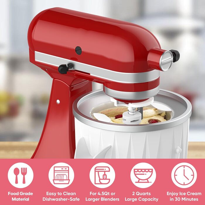 Насадка для морожениці TPGSING для міксерів KitchenAid, сумісна з блендерами 4.5 Qt і більшою підставкою або нахилом, миска для морозива із замороженим йогуртом і сорбетом 2 QT для насадок міксера Kitchenaid AULB2201