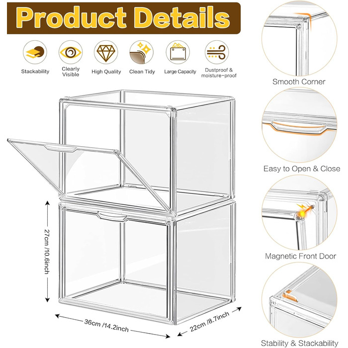 Пачки Прозорий органайзер для сумок для гардеробу, акрилова вітрина для гаманців і сумок, ящики для зберігання, що штабелюються, органайзер для сумок з магнітними дверцятами Transparent-4, 4