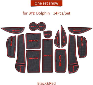 Підходить для BYD BYD Dolphin Premium рифлені килимки, килимок для дверей автомобіля, підстаканник, центральна консоль, салон автомобіля, нековзний гумовий килимок з логотипом, ПВХ (14 шт. /комплект) (червоний) ПВХ червоний