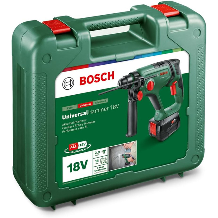 Акумуляторний перфоратор Bosch UniversalHammer 18V ( акумуляторна батарея 4,0 Ач система 18 вольт для свердління, перфорації, довбання та загвинчування в кейсі) Комплект 1 акумуляторна батарея 4,0 Ач UniversalHammer 18V Новий