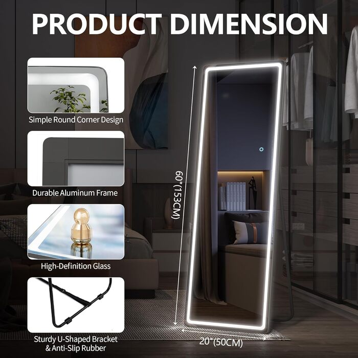 Дзеркало LVSOMT 153x50 см на повний зріст зі світлодіодним підсвічуванням, окремо стояче підлогове дзеркало, настінне дзеркало, туалетне дзеркало з підсвічуванням, велике дзеркало на повний зріст, стояче дзеркало для спальні (чорне) Black 153L x 50B cm