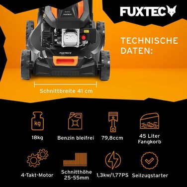 Бензинова газонокосарка FUXTEC FX-RM4180, садова косарка для невеликих ділянок, 4-тактна косарка 80 куб.см, вузька ширина зрізу 40 см, травозбірник 45 л, міцна конструкція та легка вага