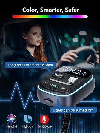 Передавач LENCENT Bluetooth, автомобільний адаптер Bluetooth, Автомобільний FM-адаптер Bluetooth зі швидким зарядним пристроєм PD 30 Вт QC3.0, Музика Hi-Fi/звичайні текстові дзвінкиКольорове світло