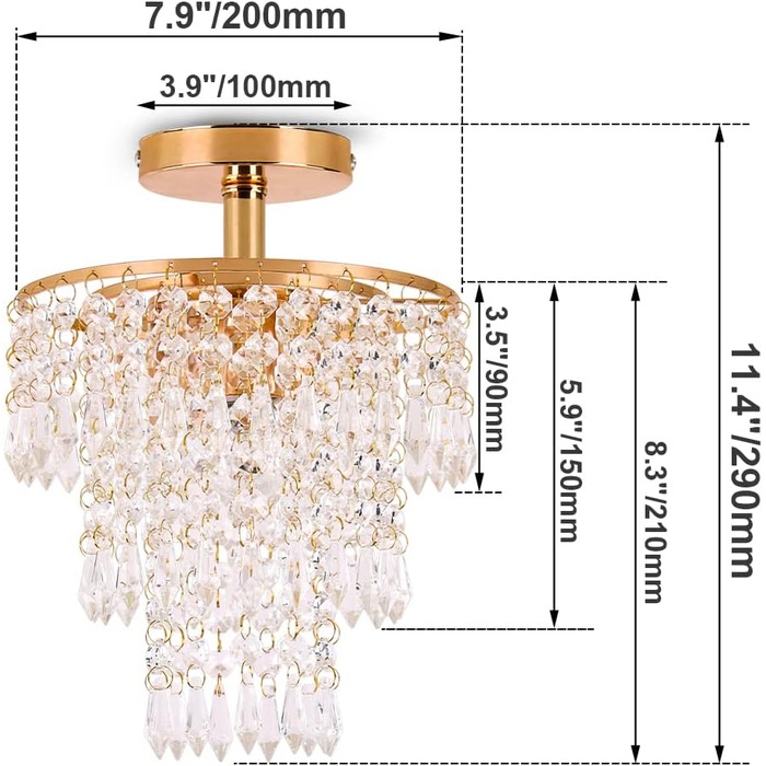 Кришталева люстра міні-розміру Сучасний стельовий світильник для прихованого монтажу 3-ярусне кришталеве підвісне освітлення з краплею дощу Прикраса для спальні Передпокій Вітальня, основа E26, золотий. 2-золотий стельовий світильник