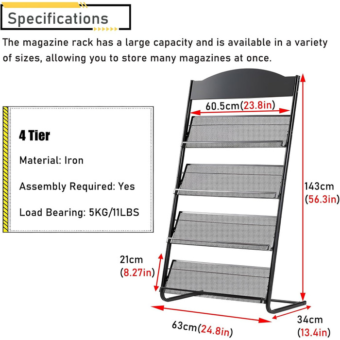 Сучасна підлогова стійка для журналів із заліза, великий тримач для брошур з 3 і 4 рівнями для зберігання флаєрів і газет, презентаційна стійка для залів очікування вдома, лобі готелю Black 4 Tier