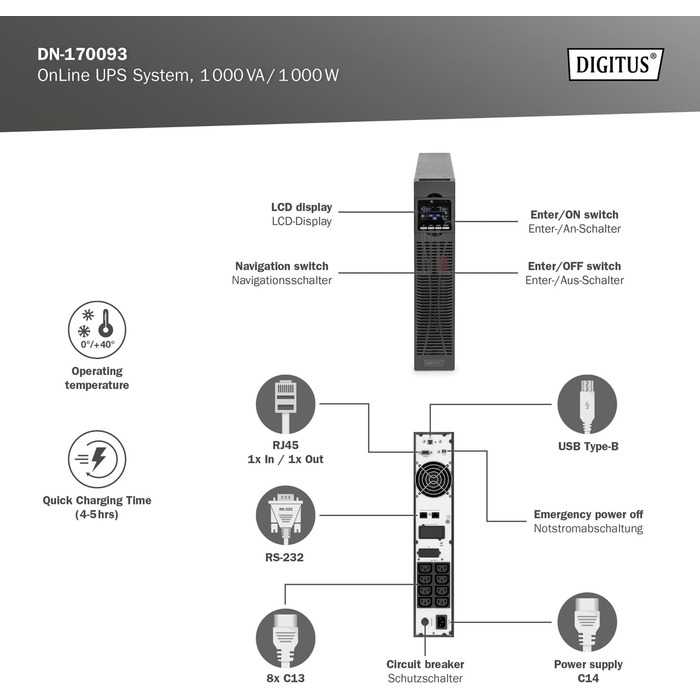 Система безперебійного живлення DIGITUS OnLine - 1 кВА / 1 кВт - 19-дюймовий монтаж 2U - Технологія справжнього подвійного перетворення - Джерело безперебійного живлення - чорний
