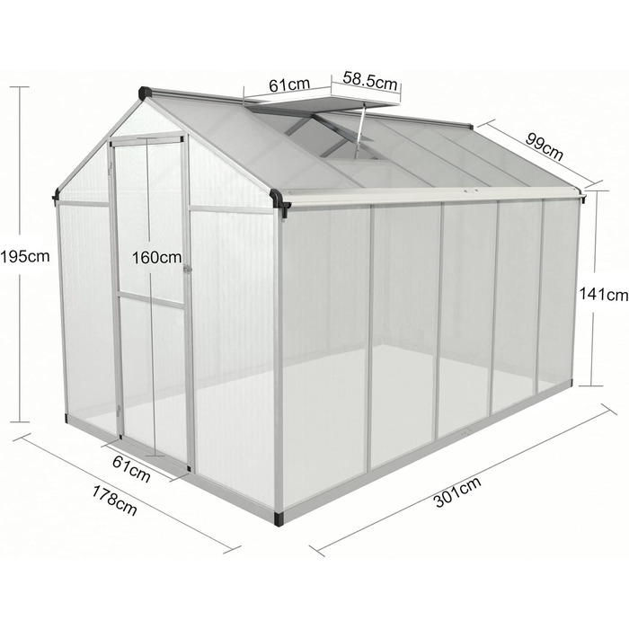 Теплиця Gegaden алюмінієва для саду З більш товстим фундаментом на 8 см 301 * 238 * 195 см Універсальне використання в якості теплиці, садового сараю, зимостійкого, вирощування, будиночка для помідорів, холодного каркаса та будиночка для рослин Сірий 302*