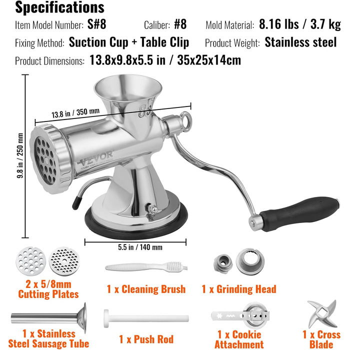 Ручна м'ясорубка VEVOR Ручна м'ясорубка 304 Нержавіюча сталь, ріжучі пластини 5 і 8 мм М'ясорубка Ручна м'ясна машина з ковбасною трубкою, підходить для подрібнення м'яса, овочів і начинки ковбаси Срібна м'ясорубка 8