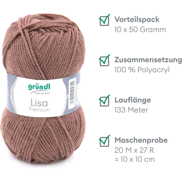 Пряжа Grndl Lisa Premium Uni Knitting & Chet Yarn (м'яка і вовняна характер, проста в догляді миється пряжа з 100 поліакрилу, 50 г/ 133 м, розмір голки 3,5 - 4,5, 10 клубків по 50 г кожен), (нуга)