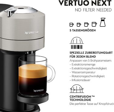 Машина Krups XN910B Nespresso Vertuo Next Кавова капсульна машина Кавоварка Nespresso Резервуар для води 1,1 л 6 розмірів чашок Функція вимкнення живлення 54 переробленого пластику Світло-сірий без піноутворювача молока