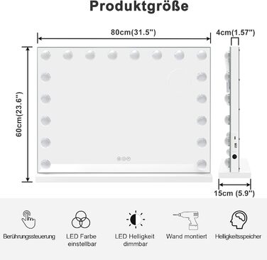 Дзеркало для макіяжу Dripex Hollywood з підсвічуванням, голлівудське дзеркало з підсвічуванням, дзеркало для макіяжу з 18 лампами і 3 колірними температурами світла, дзеркало для макіяжу з сенсорним управлінням, 80 x 60 см Білий Білий 80L x 60B см