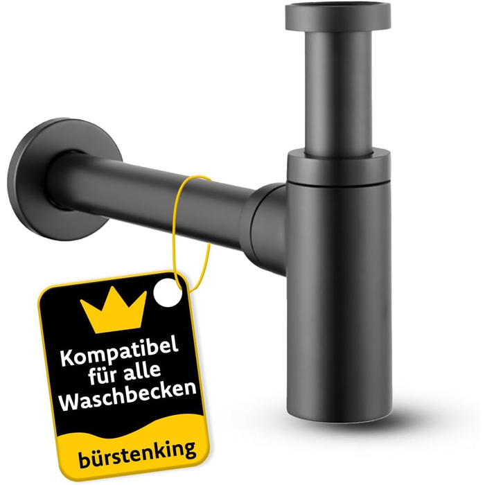 Сифон універсального дизайну Brstenking, для умивальника та умивальника, простий монтаж та очищення, з'єднувальна різьба 1 1/4', кругла форма, чорно-матова Кругла Чорна матова