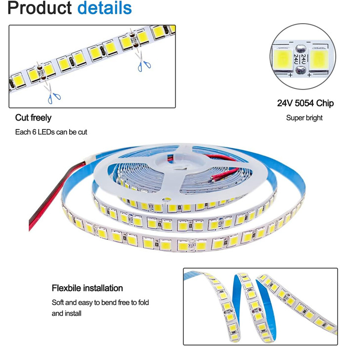 Світлодіодна стрічка Tesfish 24 В, 5 м натуральна біла 4000K світлодіодна стрічка SMD 5054 IP20 120 світлодіодів/м, всього 600 світлодіодів супер яскраві світлодіодні стрічки, світлодіодні стрічки для дому, полиці, оформлення кухні 24v Natural White