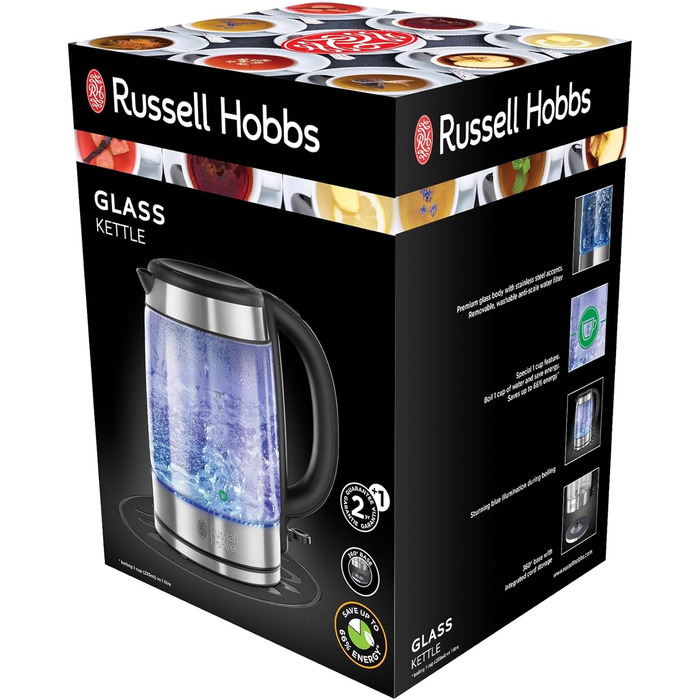 Чайник Russell Hobbs скляний 1,7 л, 2200 Вт нержавіюча сталь (синє світлодіодне освітлення, опція 1 чашка, знімний фільтр з вапняним фільтром, індикатор рівня води з позначкою кількості наповнення) Чайник для чаю 21600-57 Скляний чайник одномісний