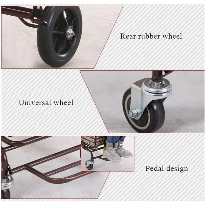 Візок для покупок на колесах, інвалідний візок для людей похилого віку, чотириколісний візок для покупок, візок для домашніх покупок, з педаллю сидіння, бічним гальмом