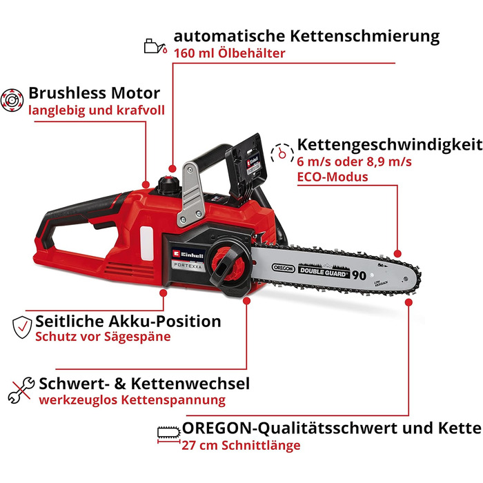 Акумуляторна бензопила Einhell FORTEXXA 18/30 Power X-Change (Li-Ion, 18 В, безщітковий двигун, полотно 30 см, макс. 4300 хв-1, без акумулятора та зарядного пристрою) без акумулятора та зарядного пристрою