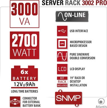 Безперебійне джерело безперебійного живлення Atlantis A03-OP3002P-RC PRO UPS, подвійне перетворення, чиста синусоїда, 3000 ВА, 2700 Вт, серверна стійка, РК-дисплей, USB RS-232 Serial 8 виходів IEC 6 x 12 В-9 Агод