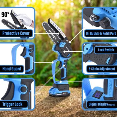 Дюймовий міні-акумулятор для бензопили, електрична бензопила з акумулятором 2*2000mAh, легка акумуляторна бензопила із запобіжним замком, ручна бензопила для садових ножиць для різання деревини синього кольору, 6-