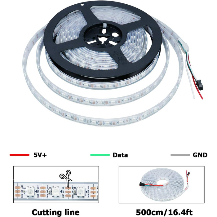 Адресна світлодіодна стрічка 5M 300LED IP67 корпус водонепроникний 5050SMD гнучка біла друкована плата RGB світлодіодна стрічка Dream Color Світлодіодна стрічка для домашньої вечірки (контролер і блок живлення не входять в комплект) Біла друкована плата 3