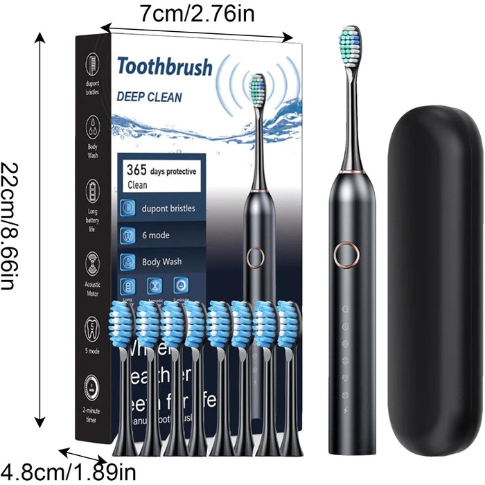Електрична зубна щітка Dtaigou для дорослих, електрична зубна щітка, електричні зубні щітки - глибоке чищення 40 000 VPM, 6 режимів, зубна щітка, дорожній кейс в комплекті, швидка зарядка, 3 чорні 1 шт. (1 упаковка)