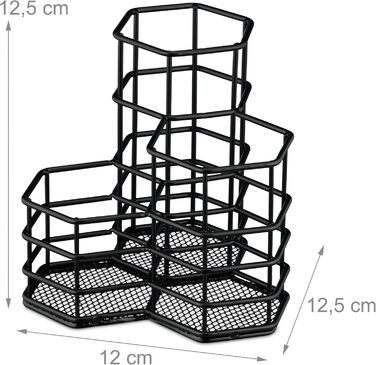 Тримач для щіток, 3 відділення, шестигранний, В x Ш x Г 12,5 x 12 x 12,5 см, дріт, тримач для олівців, письмовий стіл, вибір кольору чорний