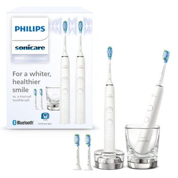 Електрична зубна щітка Philips Sonicare DiamondClean 9000, подвійна упаковка, зубна щітка зі звуковою технологією, включаючи додаток, датчик тиску, 4 режими чищення, 3 рівні інтенсивності, зарядне скло, білий, модель HX9914/62