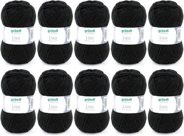 Пряжа Grndl Lisa Premium Uni Knitting & Crochet Yarn (м'яка і схожа на шерсть, проста в догляді миється трикотажна пряжа з 100 поліакрилу, 50 г/ 133 м, розмір голки 3,5 - 4,5, 10 клубків по 50 г кожен), (чорний)