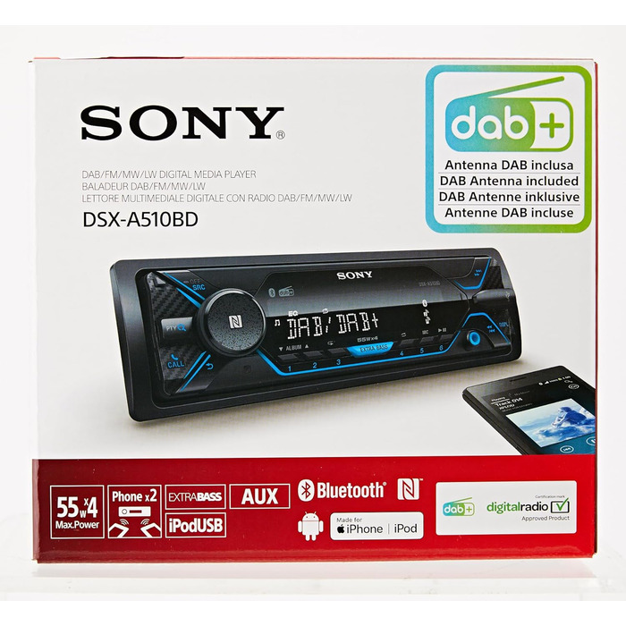 Автомобільна стереосистема Sony DSX-A510KIT DAB з антеною, подвійним роз'ємом Bluetooth, NFC, USB та AUX синє освітлення Гучний зв'язок, чорне радіо DAB з Bluetooth