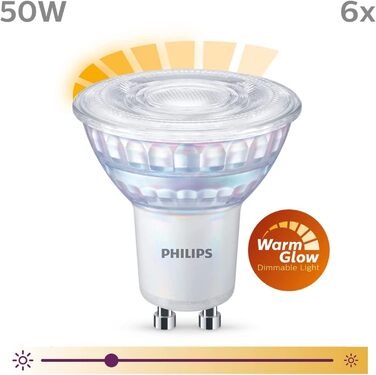 Лампи Philips LED Classic GU10 теплого світіння (50 Вт), світлодіодні плями з рефлектором із регулюванням яскравості та теплим білим світлом, енергозберігаючі лампи з тривалим терміном служби (50 Вт, упаковка з 2 шт. , з можливістю затемнення теплого світ