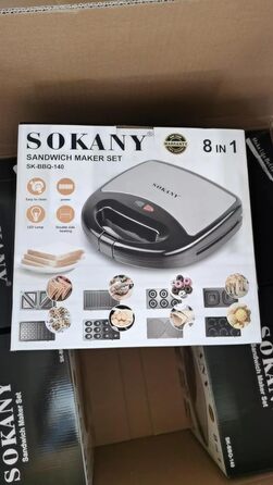 Багатофункціональний прилад SOKANY 8 в 1 800 Вт Бутербродниця, вафельниця, контактний гриль, форма для випічки з малюнком, буханець, пончик, гриль для стейків, тримач для ріжків морозива 8 тарілок з антипригарним покриттям, легке очищення