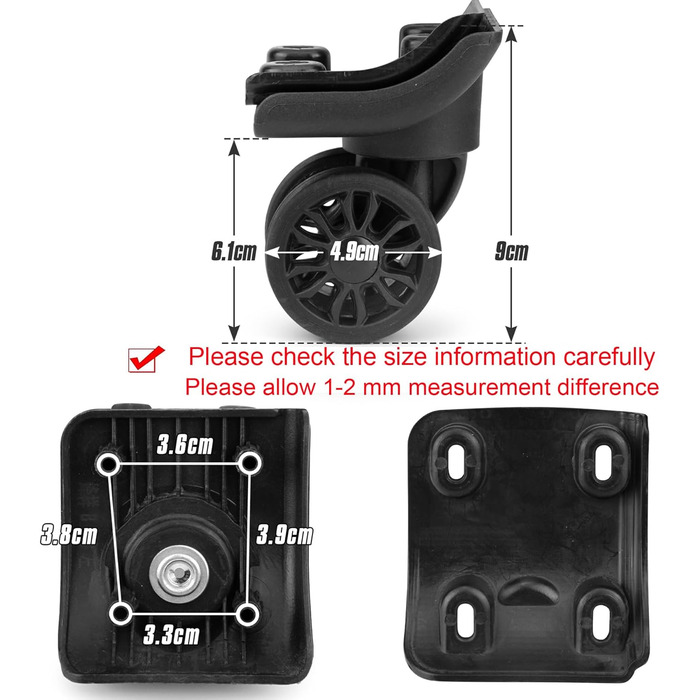 Запасні колеса для валізи Volein 2 пари чорні колеса для валізи поворотні колеса багажні колеса з 4 отворами для гвинтівV149-B, 2 пари)