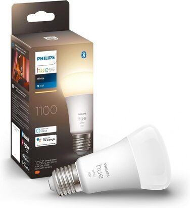 Світлодіодна лампа Philips Hue White E27 (806 лм), світлодіодна лампа з регулюванням яскравості для системи освітлення Hue з теплим білим світлом, розумне керування світлом за допомогою голосу та програми (1100 люмен, (1 упаковка))