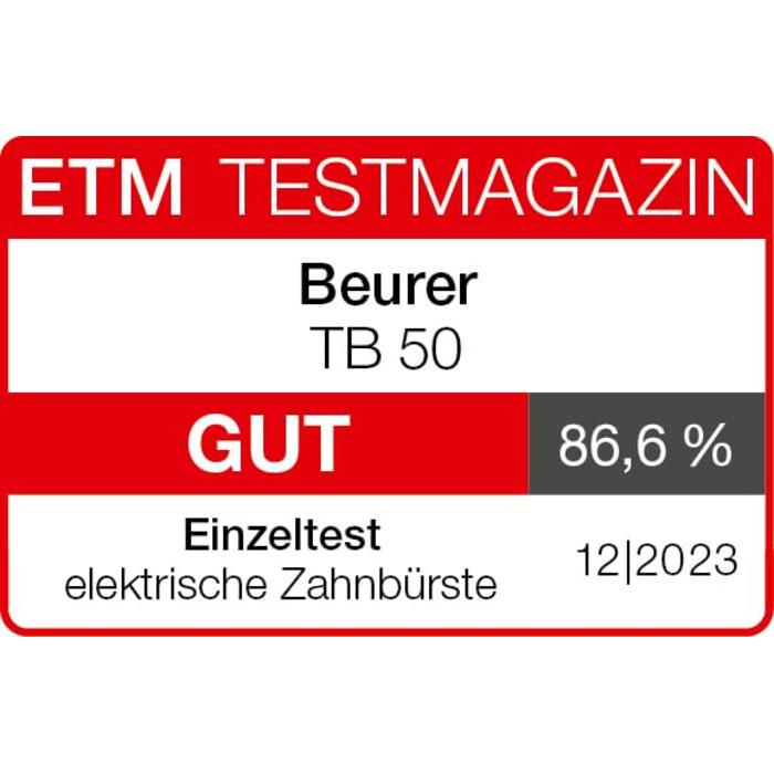 Електрична зубна щітка Beurer TB 50, 3 програми чищення для догляду за зубами, технологія коливально-пульсуючої щітки для видалення нальоту, вбудований датчик тиску, акумулятор з 45-денним часом роботи