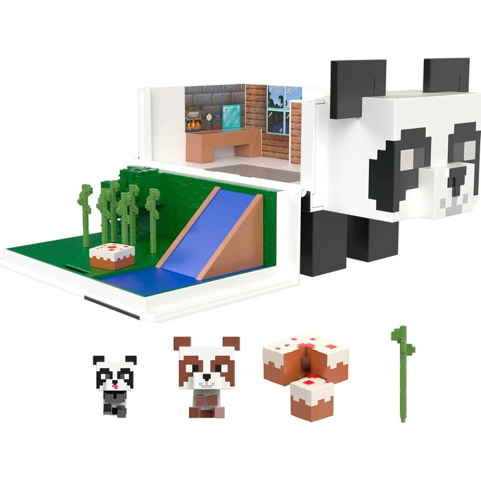 Ігровий набір MINECRAFT Mob Head Minis Panda Playhouse - 2-поверховий будинок, 2 фігурки панди, водна гірка, бамбуковий сад, день народження, для дітей від 6 років і старше, HLL25