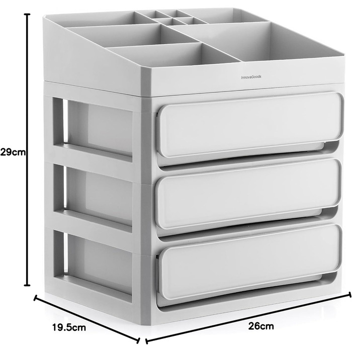 Органайзер для макіяжу з 3 ящиками і 9 відділеннями, великої місткості, багатофункціональний для косметики, біжутерії, канцелярського приладдя, легке очищення, сірий, поліпропілен сучасний