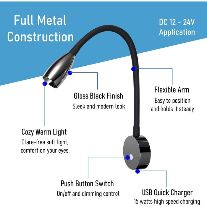 Лампа для читання ACEGOO 12 В RV Світлодіодна лампа для ліжка з можливістю затемнення та USB-швидким зарядним пристроєм, гнучка приліжкова тумбочка на гусячій шиї постійного струму 24 В 3200K, для човна, каравану, кемпера, фургона, яхти (глянцевий чорний)