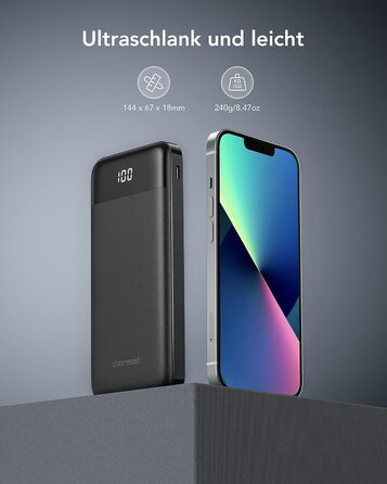 Зовнішній акумулятор USB C Powerbank з 4 вбудованими зарядними кабелями Портативний зарядний пристрій зі світлодіодним дисплеєм Компактний Тонкий 6 виходів Сумісний з планшетом iPhone, Huawei, Samsung Чорний, 10000mAh