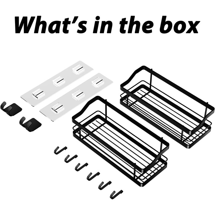 Полиця для душу Carwiner для ванної кімнати, 2 шт. , кошик з 8 гачками для підвішування шампуню-кондиціонера, полиця з нержавіючої сталі, настінна, органайзер для зберігання на кухні, не вимагає свердління (чорний)