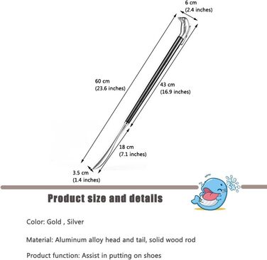 З довгою ручкою для людей похилого віку та чоловіків, розкішний золотий і срібний Dolphin Extra Long Shoehorn, Готель Shoehorn з алюмінієвого сплаву для ледачих чоловіків, легко лягає в ліжко 60 * 6 см золото