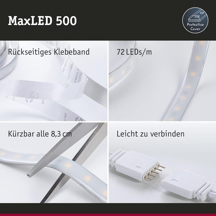 Світлодіодна стрічка MaxLED 500 Розумний дім Bluetooth Tunable White в т.ч. 47 Вт із затемненням сріблястого пластикового світлодіодного ремінця 3000 K (базовий набір, 3 м, 2700 К), 70565