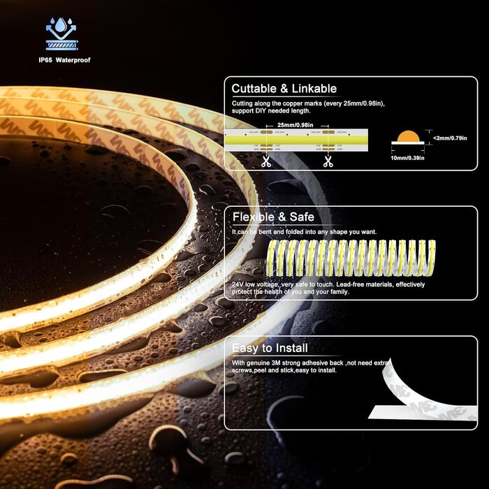 Світлодіодна стрічка PAUTIX COB CCT Теплий білий Холодний білий, 10 М з можливістю затемнення 2700K-6500K з інтелектуальним керуванням додатком 6400 світлодіодів Набір світлодіодних стрічок 24 В з блоком живлення, CRI93 Супер яскравий для кухонного телеві