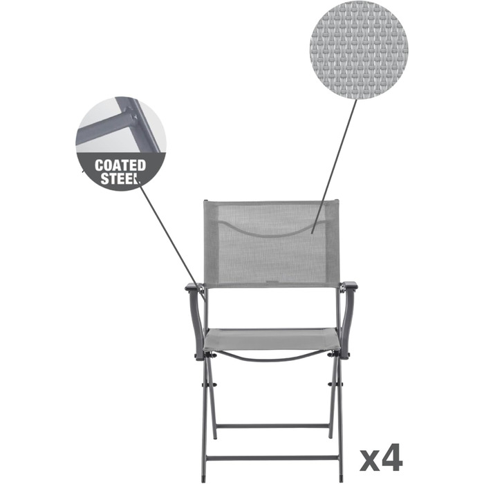 Комплект з 4 садових стільців EMYS з підлокітниками - Розкладне крісло - Садове крісло - Складне - Стільці для патіо - Обідні стільці - Сталь - Текстиль - Сірий