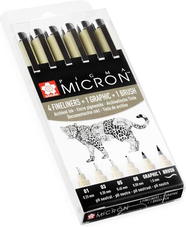 Ручки Sakura Pigma Micron Pigment Fineliner 01/03/05/08/Графіка/Пензлики, 6 шт. , Чорне чорнило