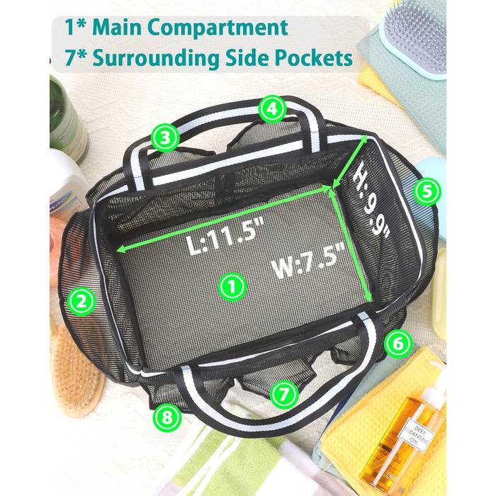 Сітка для душу caddy портативна душова сумка для гуртожитку, кемпінгу, подорожей, спортзалу (чорна)