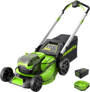 Безщіткова акумуляторна газонокосарка Greenworks Pro 60V 46 см, самохідна, висота зрізу 25-85 мм, складна ручка, вертикальне зберігання, з сумкою 55 л (з акумулятором 4 Ач та зарядним пристроєм)