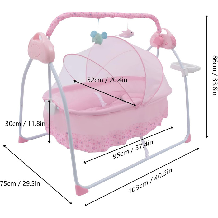 Електрична дитяча колиска Chynalys Автоматичне дитяче ліжко з дитячими гойдалками з функцією таймера, електричне дитяче ліжко-гойдалка з функцією відтворення музики MP3, портативне дитяче ліжко-гойдалка з килимком (рожевий)