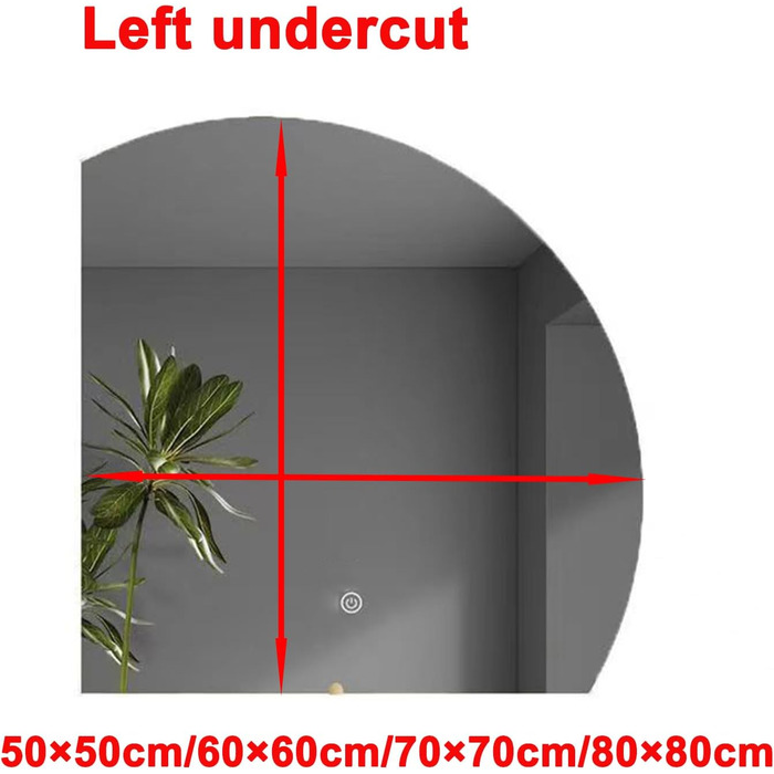 Модне напівкругле світлодіодне настінне дзеркало для ванної кімнати, дзеркало у формі марнославства, нерегулярне безрамне розумне сенсорне дзеркало, триколірне світло, регульована яскравість, (розмір 80 см, колір лівий підріз) 80L x 80B см, лівий підріз